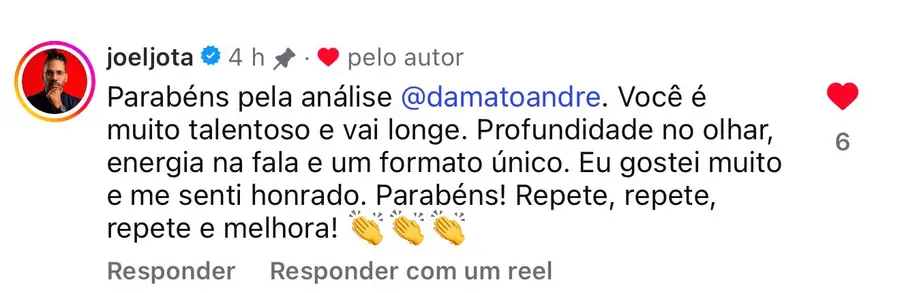 Comentário elogiando o trabalho do André